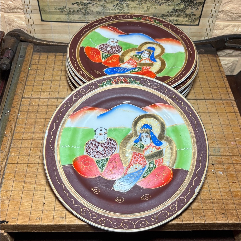 6 Japan Moriage Plates 7 5/8”D Immortals Kannan Goddess of Compassion - Picture 3 of 17
